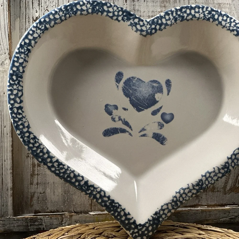 Vintage Blue Spatter or Sponge Stoneware Heart Shape Pie Pan or Bowl Grandmacore